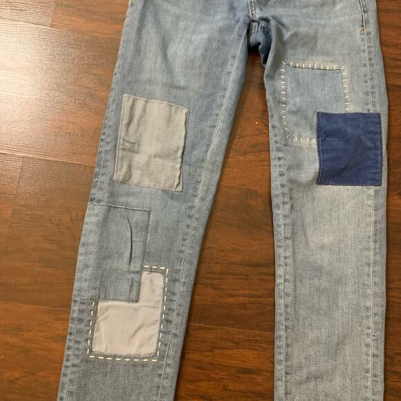 Pilcro & the Letterpress Anthropologie blue patchwork slim boyfriend jeans 25 - Picture 4 of 15